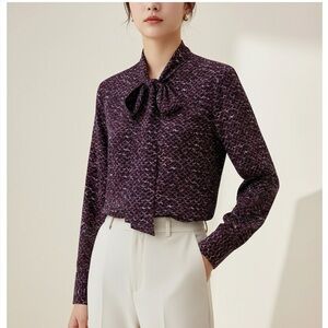 Women 100% Mulberry Silk Tie Neck Blouse Burgundy Long Sleeve Size 6